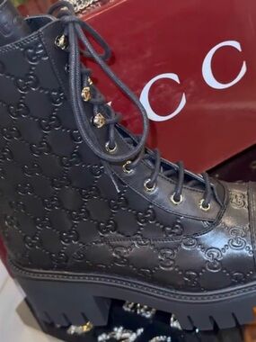 Gucci Black Embossed GG Lace-Up Platform Boot